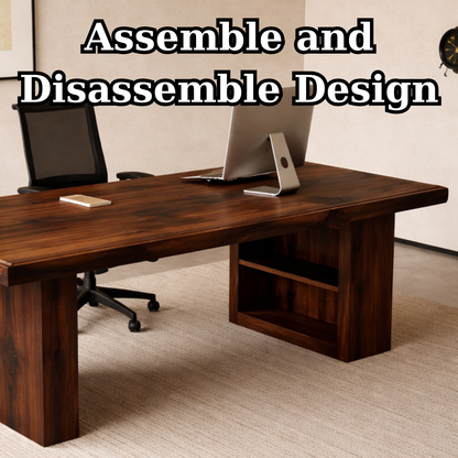 Solid Walnut Desk with Storage Shelf – Modern Minimalist Executive Office Table
