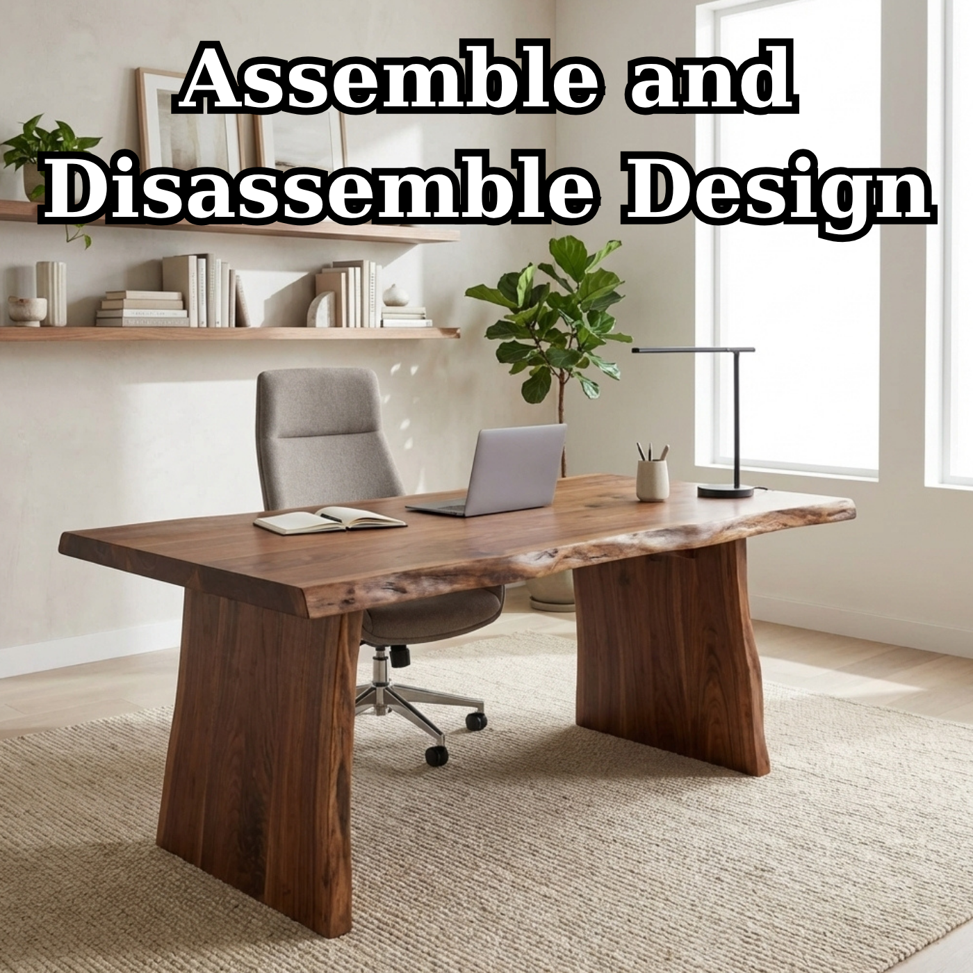 Solid Wood Live Edge Desk – Modern Minimalist Office Table with Sculptural Base
