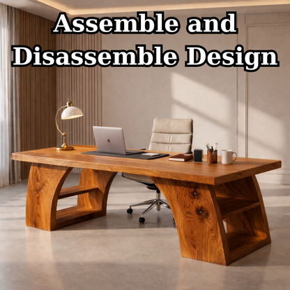 Solid Wood Executive Desk with Sculptural Base and Open Shelf Storage