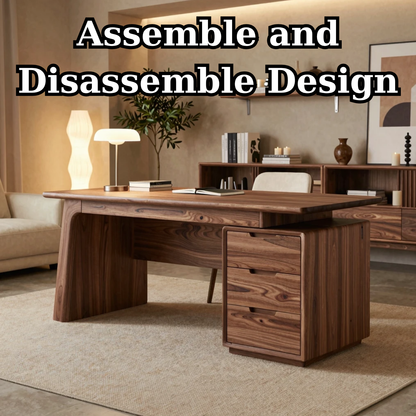 Solid Wood Executive Desk with Thick Slab Top and Drawer Storage