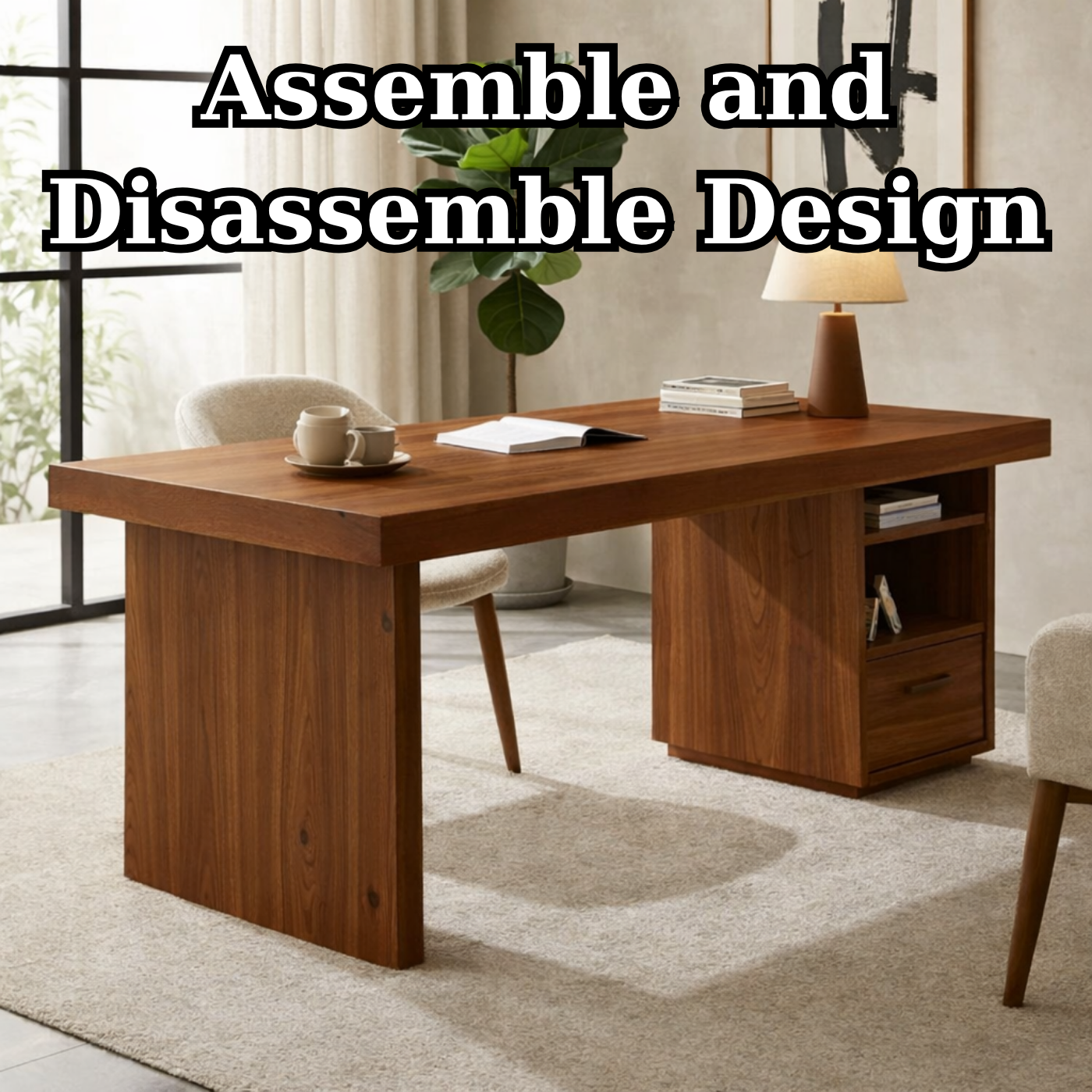 Solid Wood Desk with Thick Slab Top and Built-In Storage Cabinet