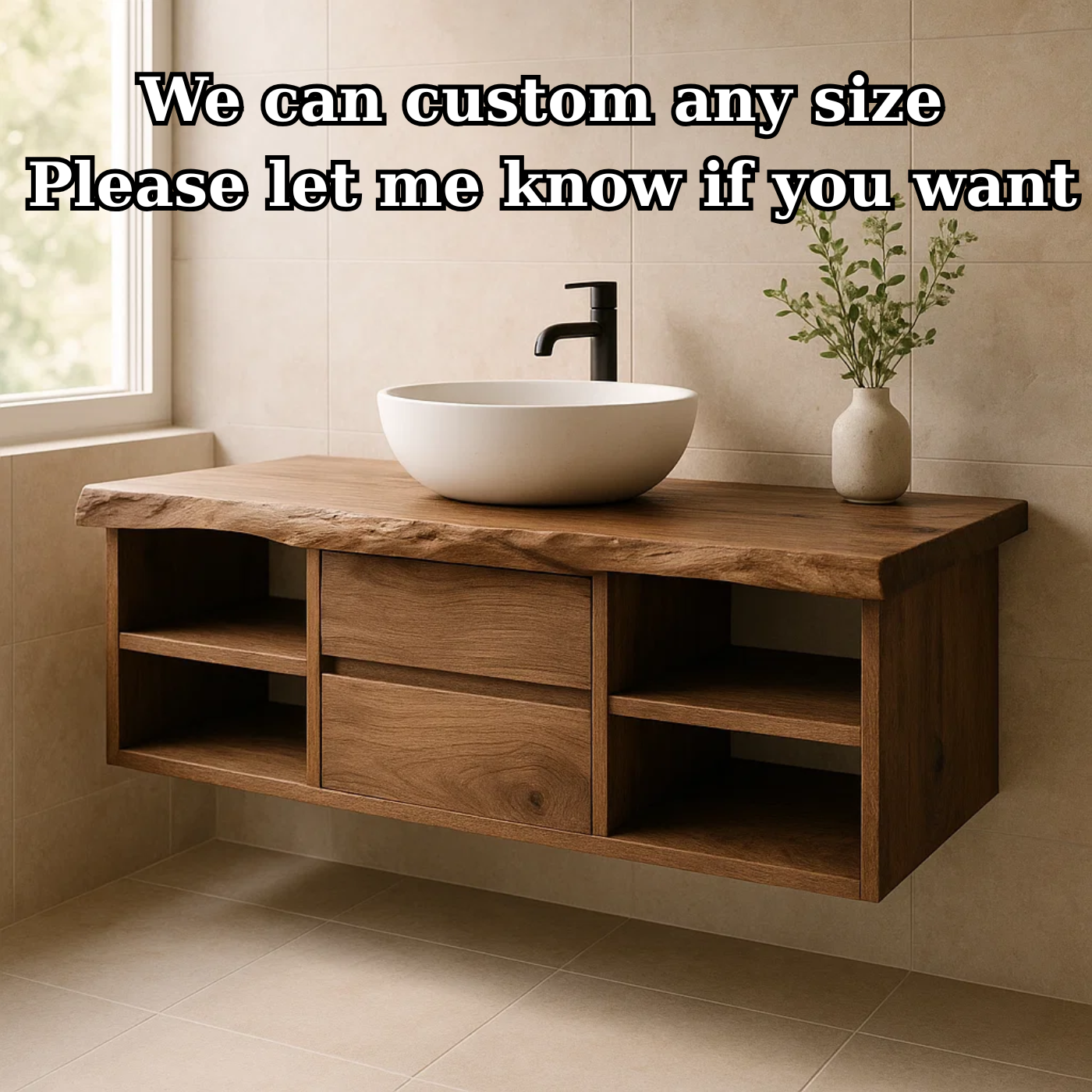 Handcrafted Solid Wood Floating Vanity - Live Edge Console with Central Drawers & Open Shelving Kitchnce