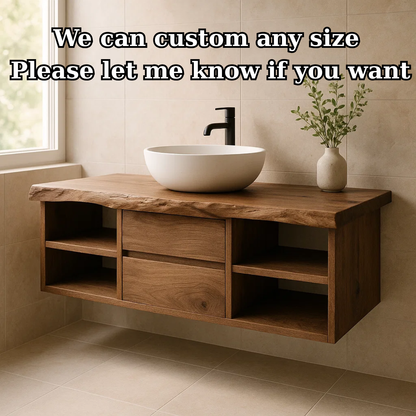 Handcrafted Solid Wood Floating Vanity - Live Edge Console with Central Drawers & Open Shelving Kitchnce