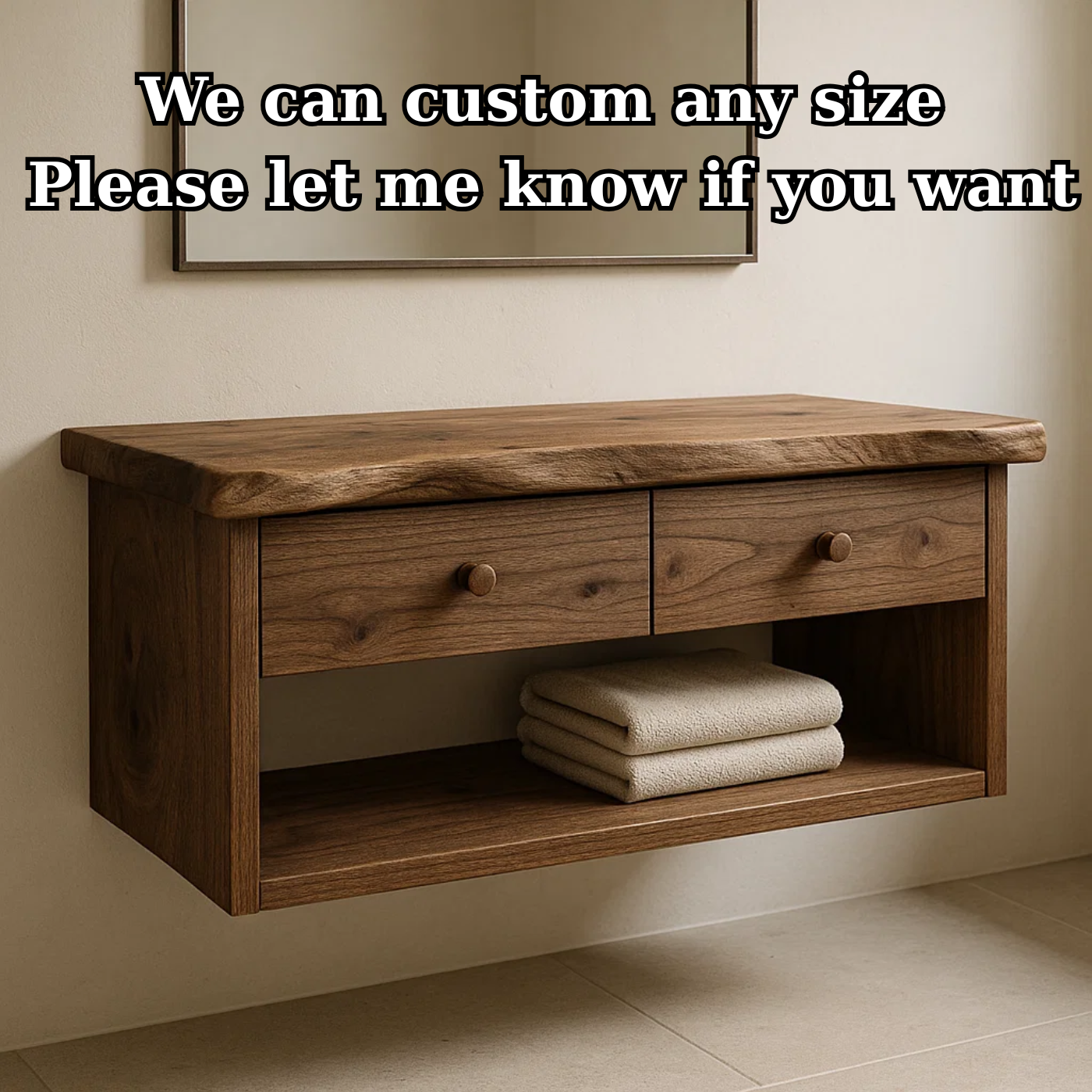 Handcrafted Solid Wood Floating Vanity - Live Edge Walnut Console with 2 Drawers & Open Shelf Kitchnce