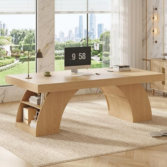 Modern Executive Desk with Sculptural Base, Storage Shelves, Designer Workspace Office Table