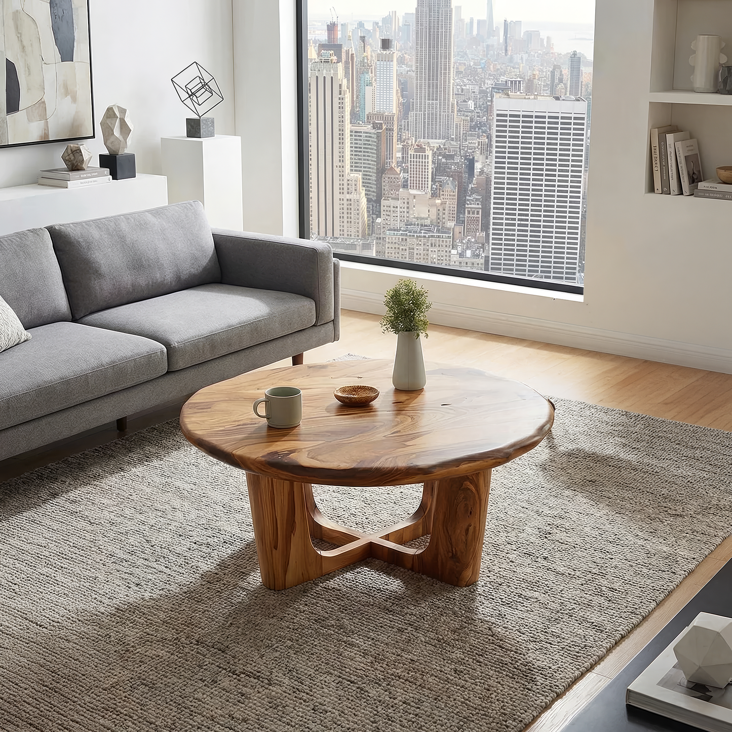 Round Live Edge Coffee Table with Open Cross Base Design