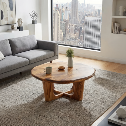 Round Live Edge Coffee Table with Open Cross Base Design