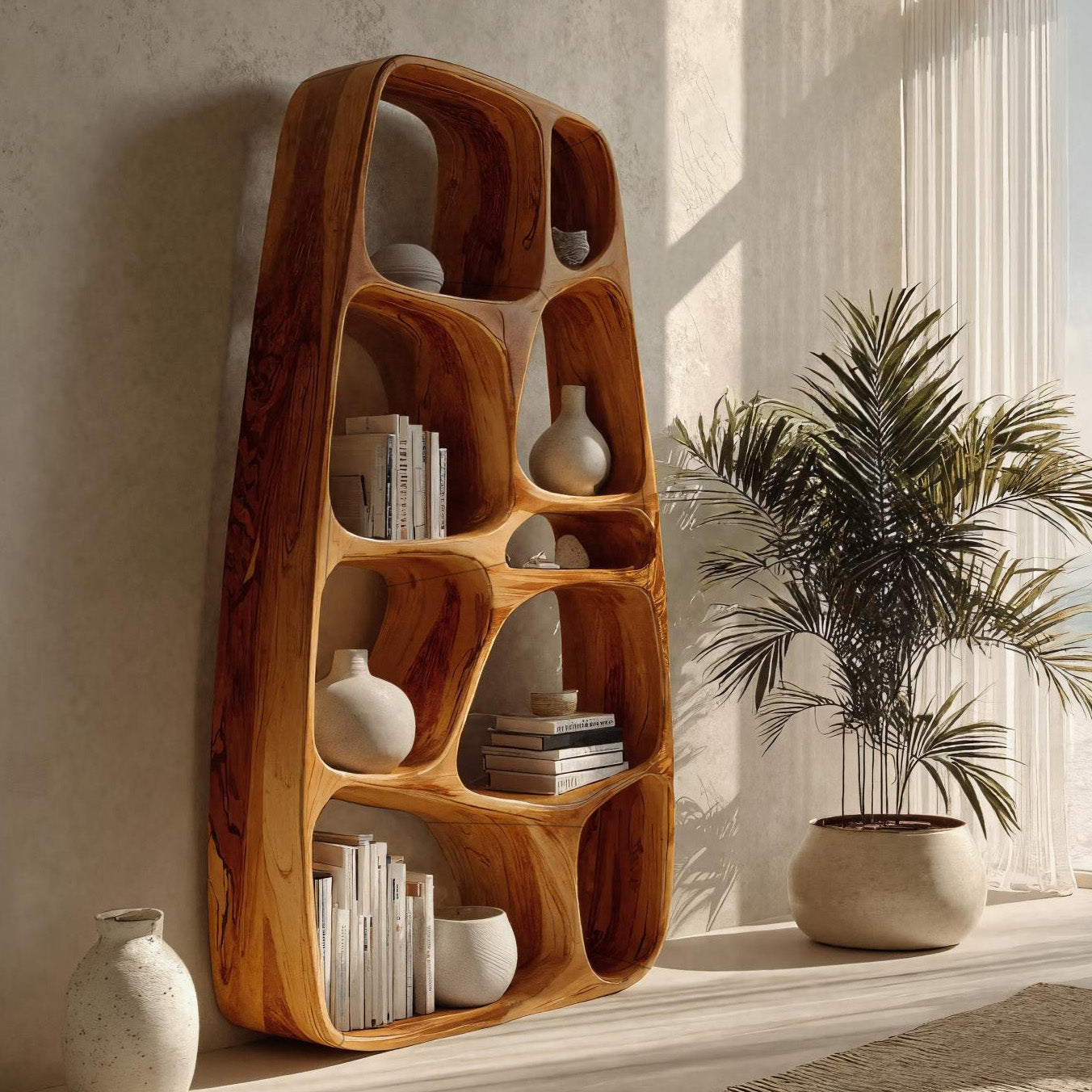 Handcrafted Wooden Sculptural Bookshelf For Living Room Kitchnce