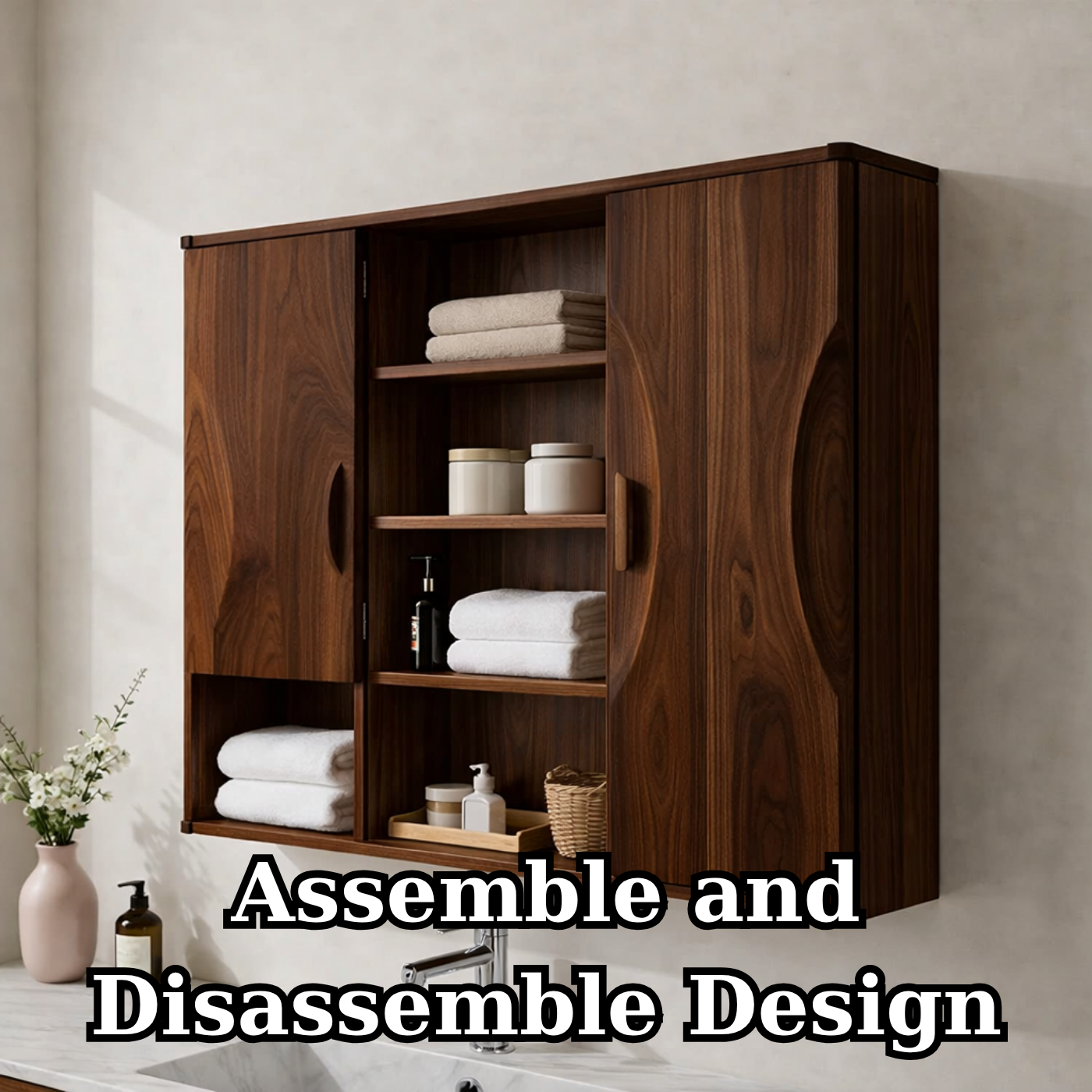 Solid Wood Floating Bathroom Cabinet with Double Doors & Open Shelves