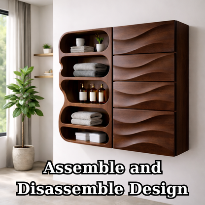 Solid Wood Floating Bathroom Cabinet with Wave Drawers & Open Shelves