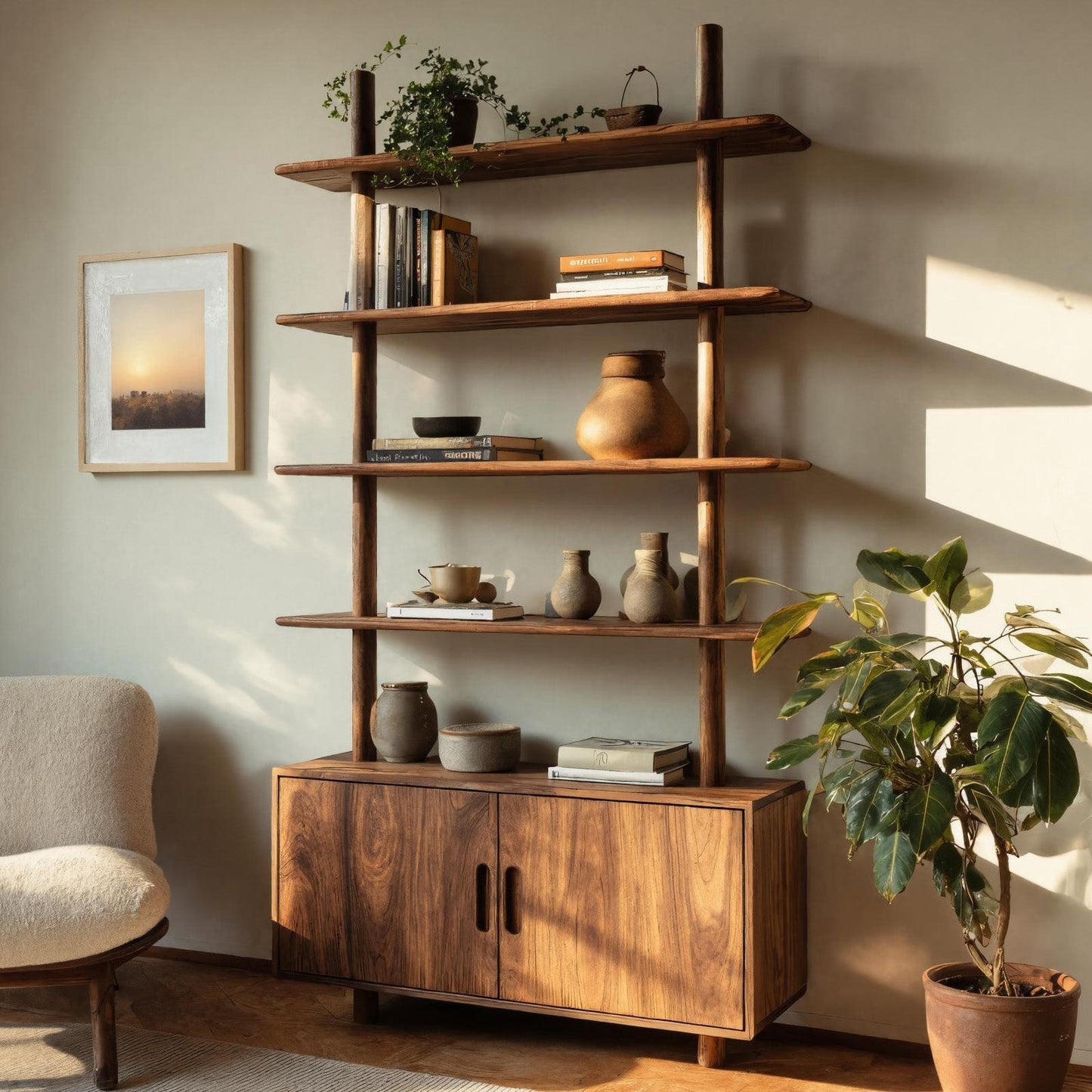 Mid Century Wooden Bookcase With Closed Storage For Living Kitchnce