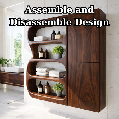 Solid Wood Floating Bathroom Cabinet with Curved Open Shelves & Storage Door