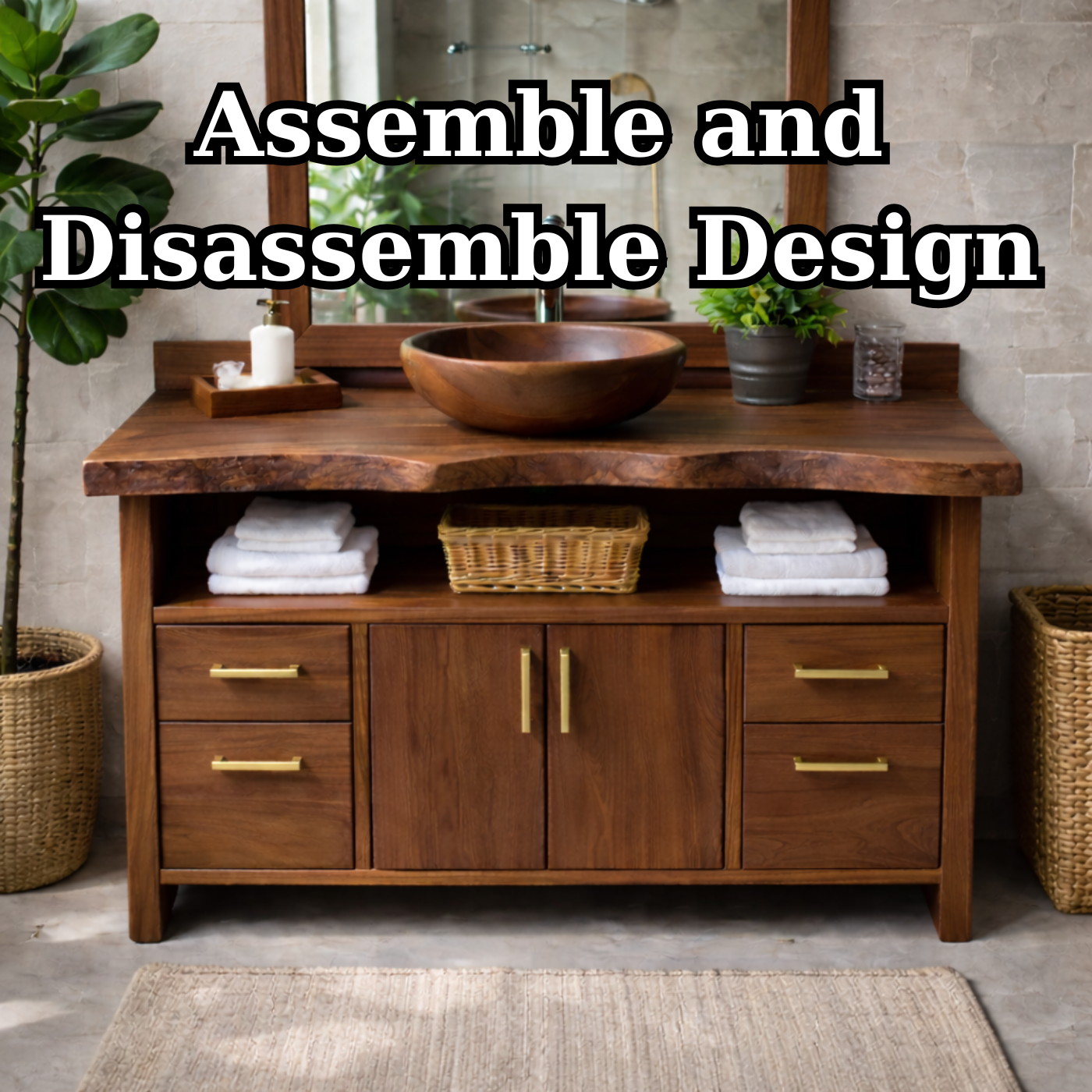 Live Edge Solid Wood Bathroom Vanity with Four Drawers, Double Cabinet Doors and Open Shelf Kitchnce