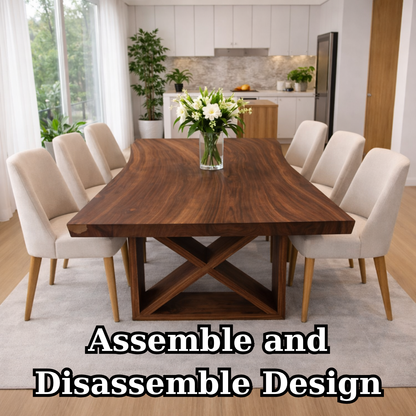 Solid Walnut Dining Table with Sculptural X Base – Modern Farmhouse Wood Table