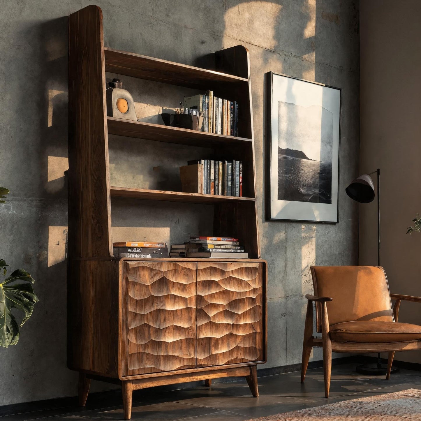 Modern Bookshelf With Carved Wave Cabinet Doors For Home Kitchnce