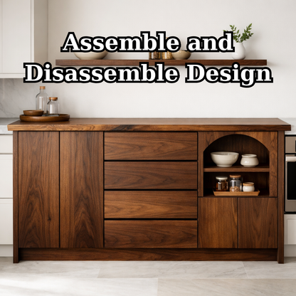 Solid Walnut Kitchen Island with Drawers, Doors & Arched Open Shelf