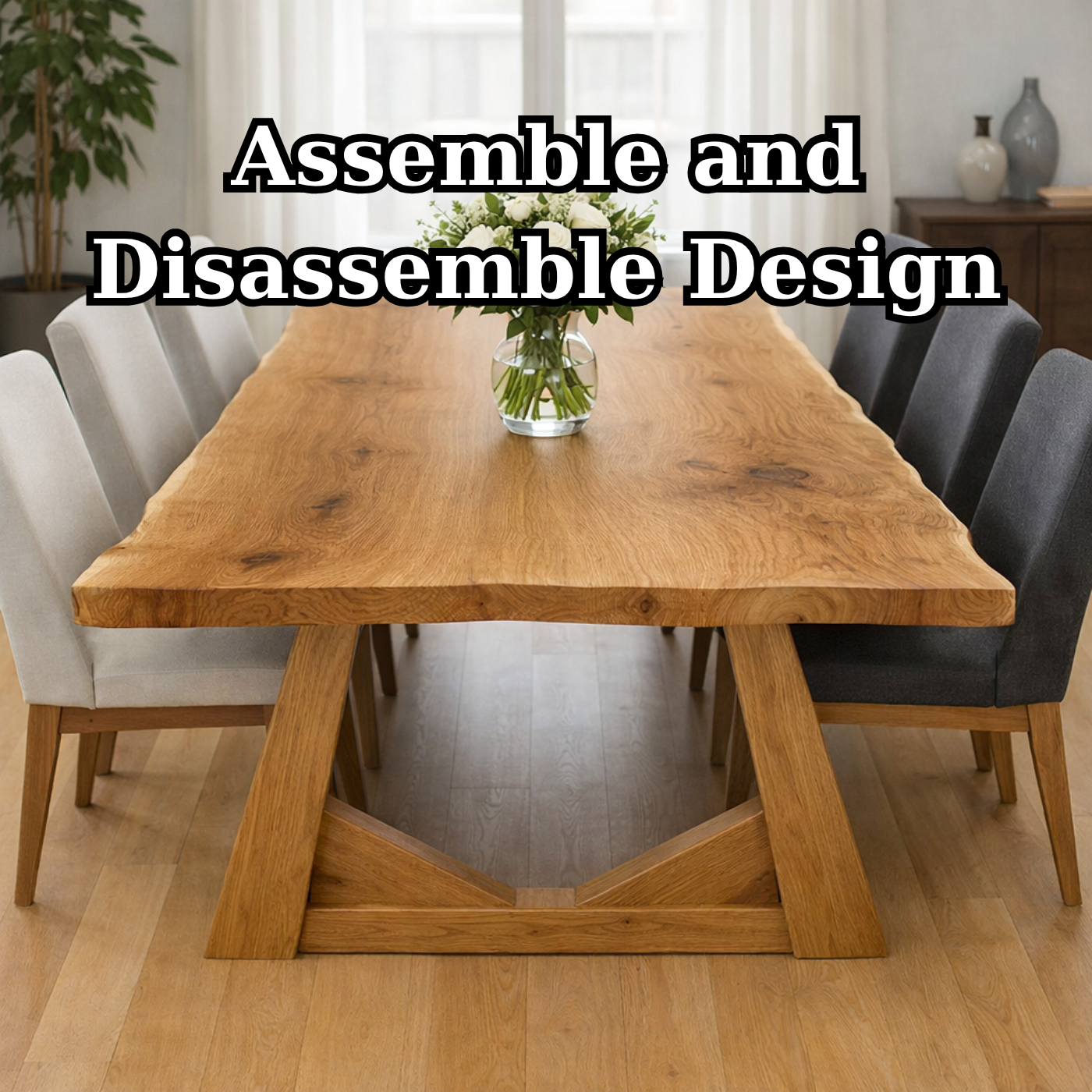 Solid Oak Dining Table with Trestle Base – Natural Wood Farmhouse Table
