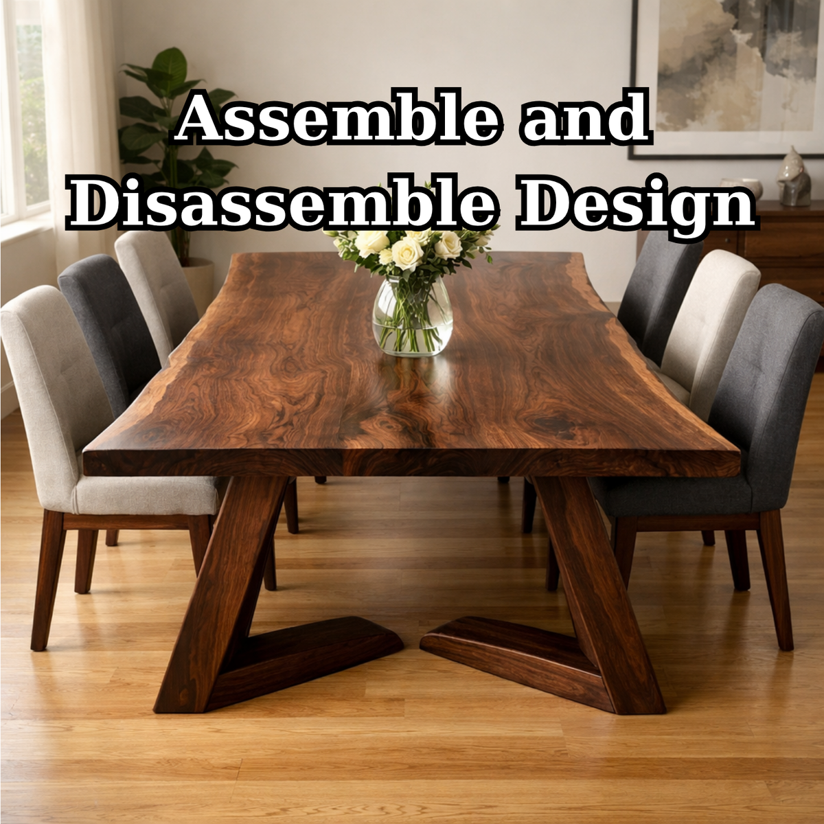 Solid Walnut Live Edge Dining Table with Sculptural Angled Base