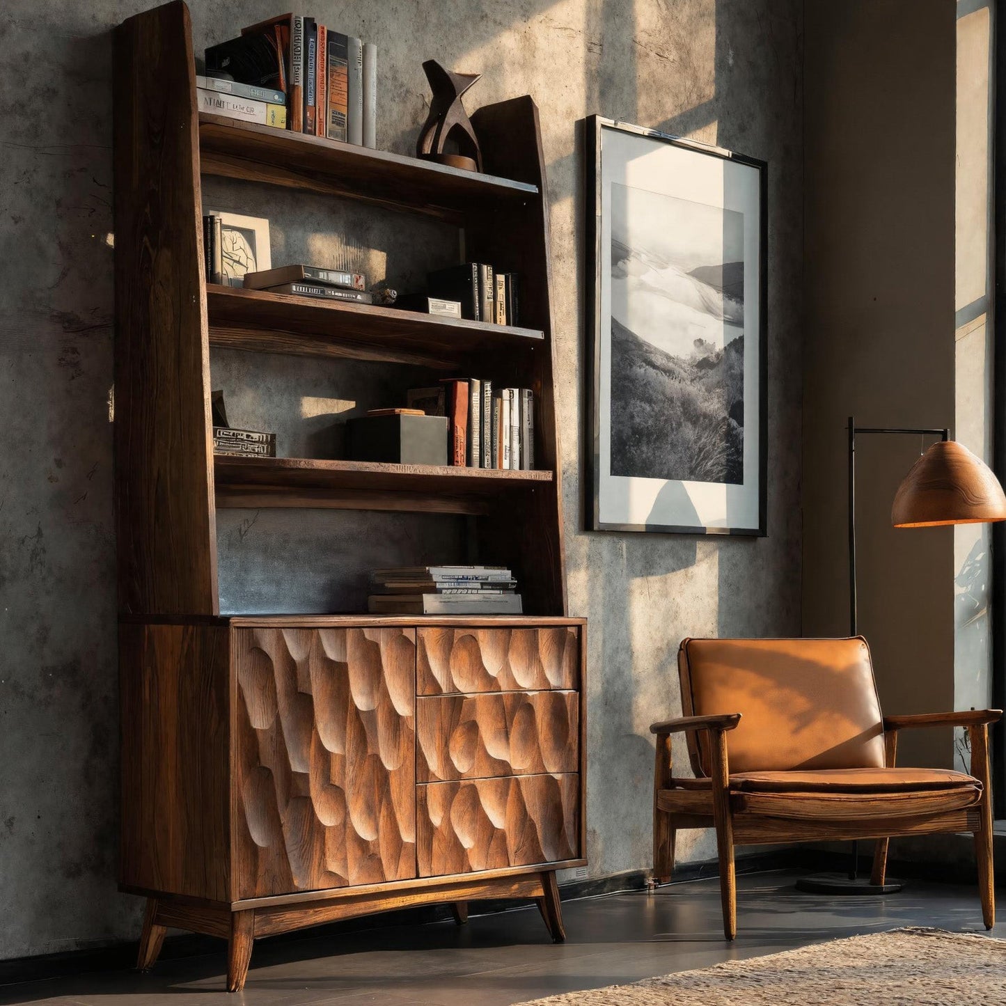 Modern Wooden Bookcase With Drawers And Open Shelves For Living Kitchnce