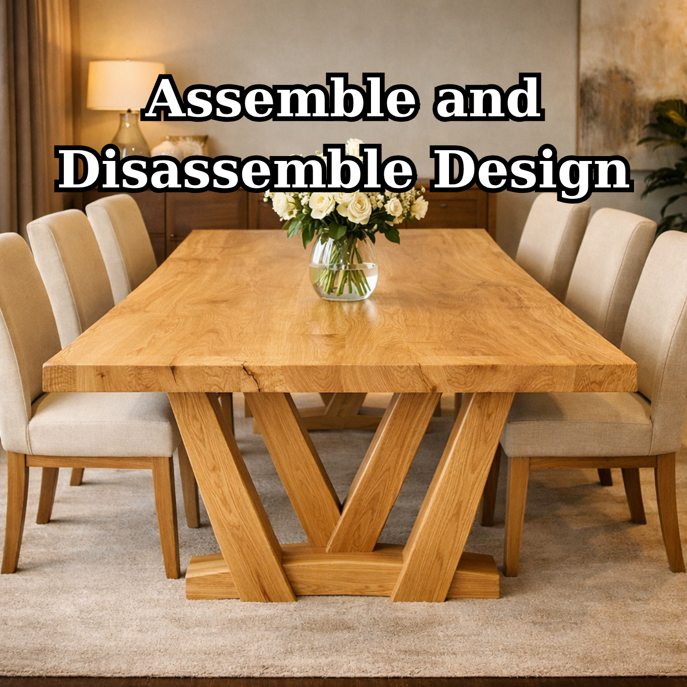 Solid Wood Dining Table with Thick Slab Top & Sculptural V Base Design