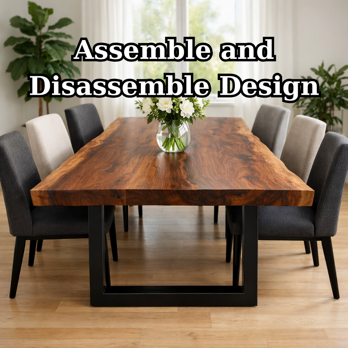 Solid Walnut Dining Table with Metal U-Leg Base – Modern Industrial Wood Table
