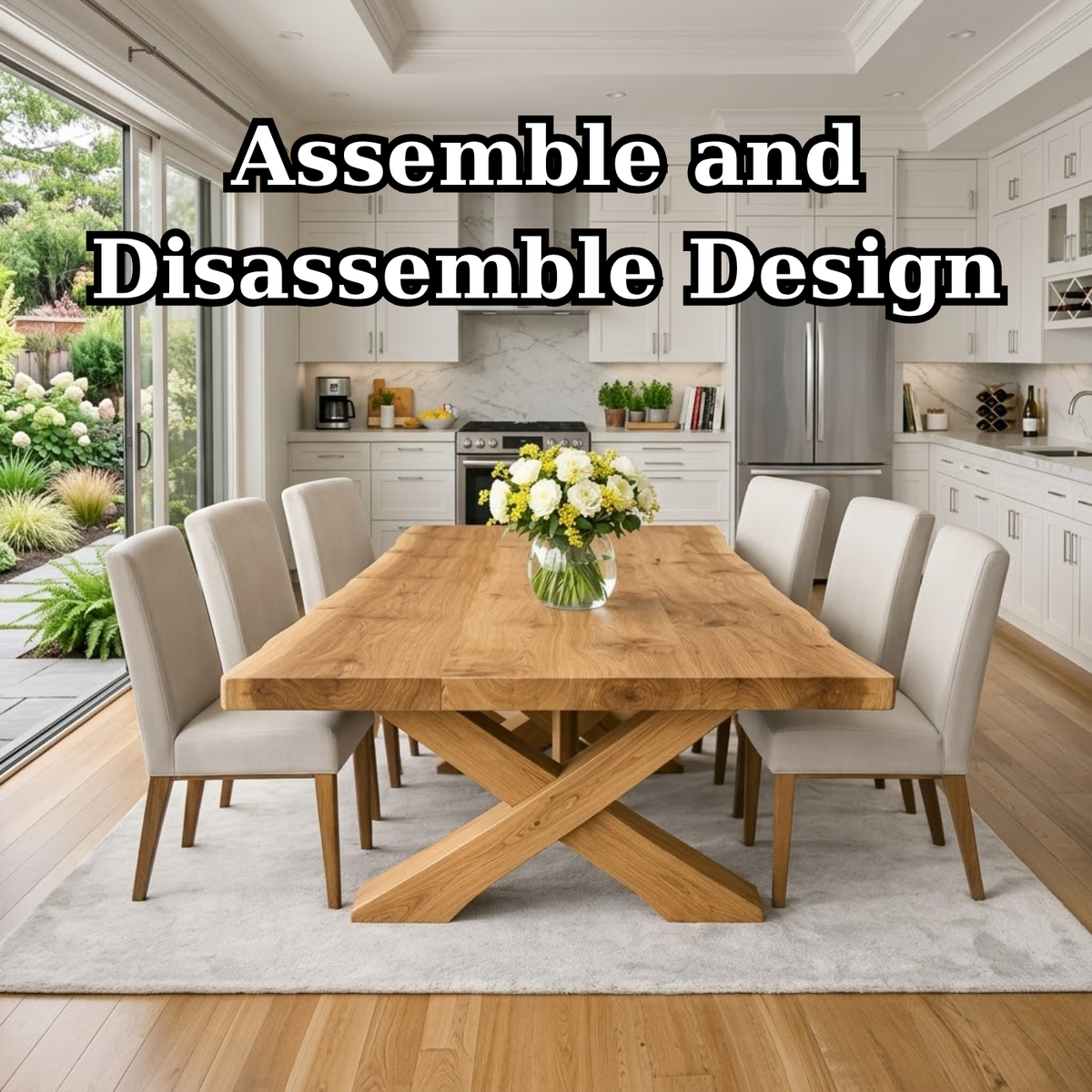Solid Wood Dining Table with Thick Slab Top & X Base Modern Farmhouse Style