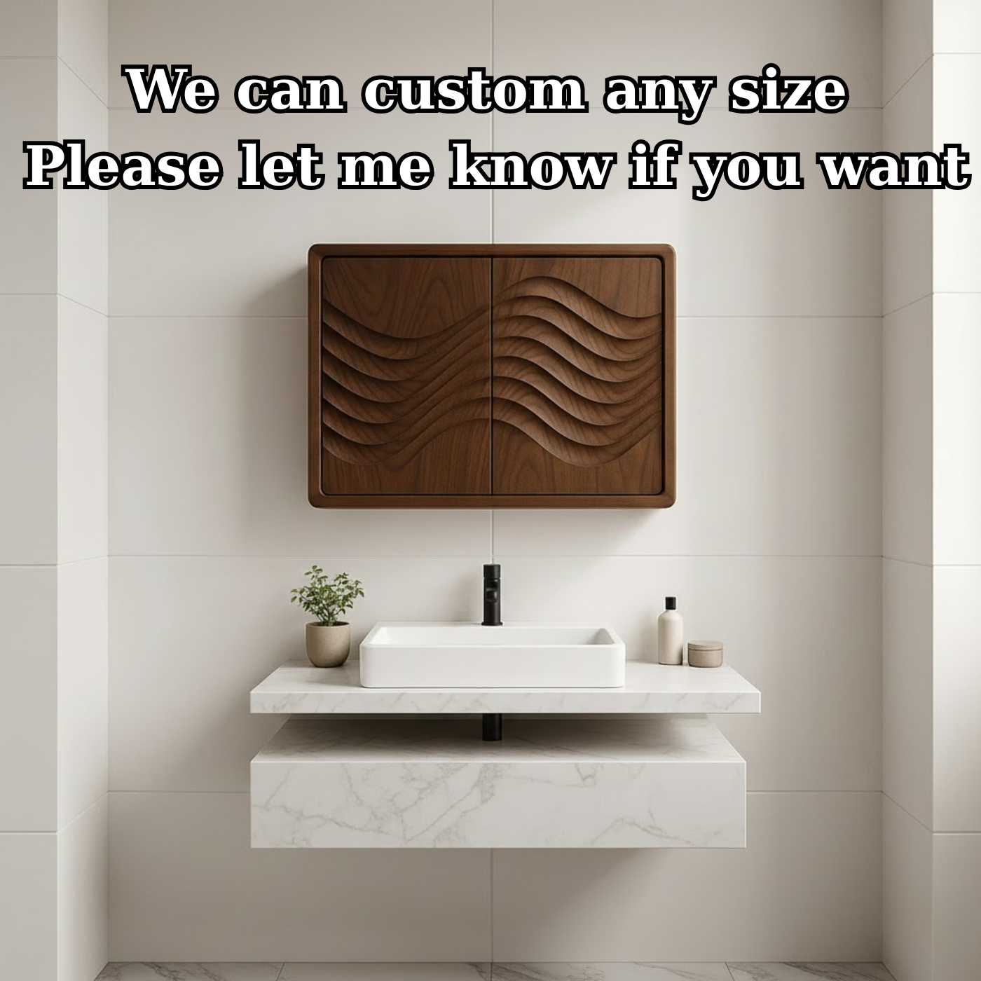 Handcrafted Solid Wood Wall Cabinet with Sculpted Wave Doors – Modern Artistic Bathroom Storage Kitchnce