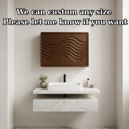 Handcrafted Solid Wood Wall Cabinet with Sculpted Wave Doors – Modern Artistic Bathroom Storage Kitchnce