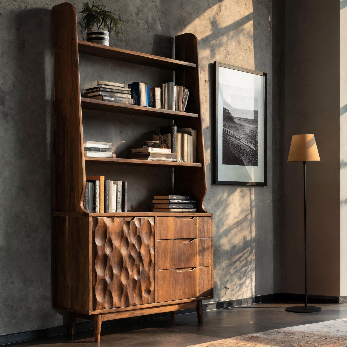 Organic Carved Wooden Bookshelf For Living Room Kitchnce
