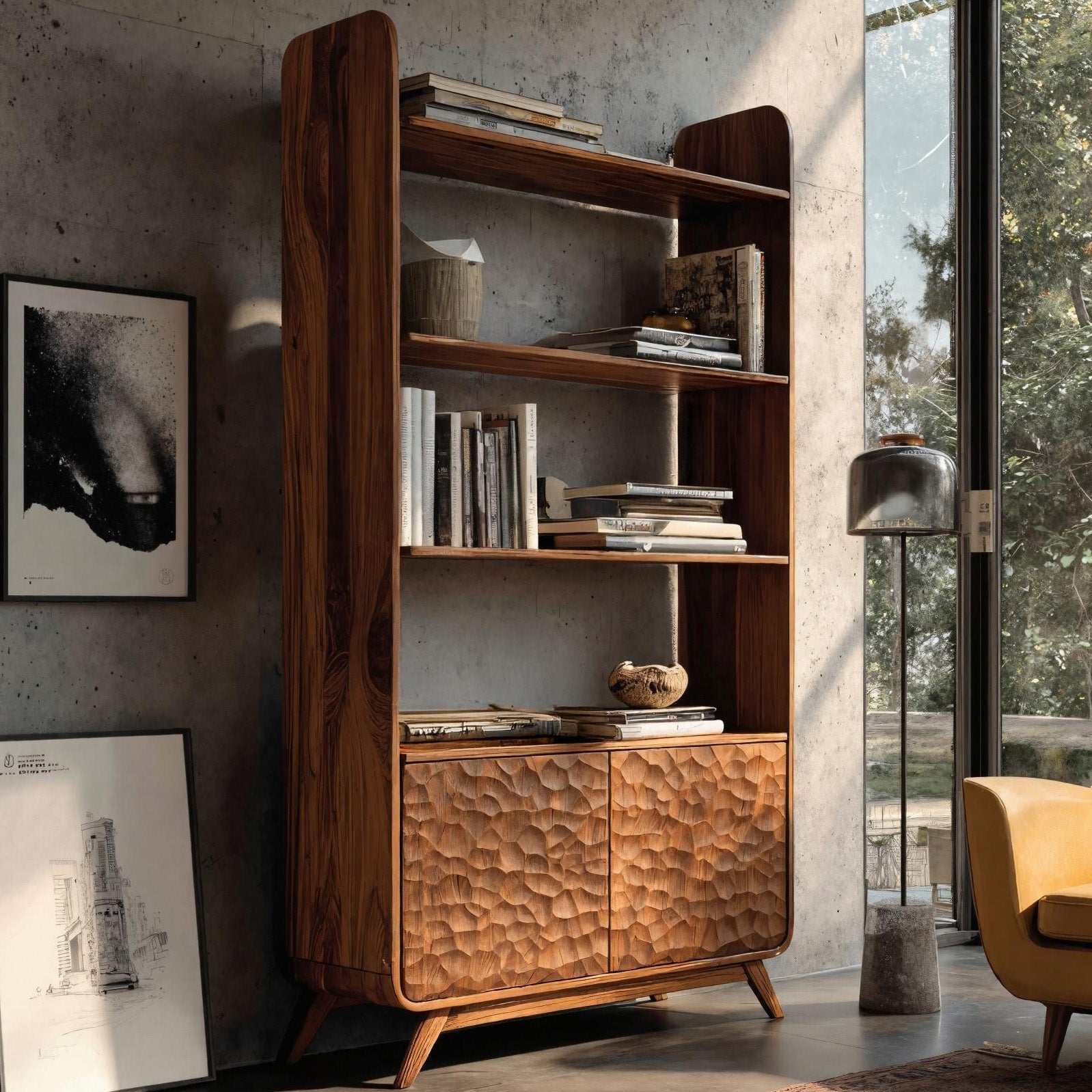 Contemporary Wooden Bookshelf With Sculpted Door Panels For Living Kitchnce