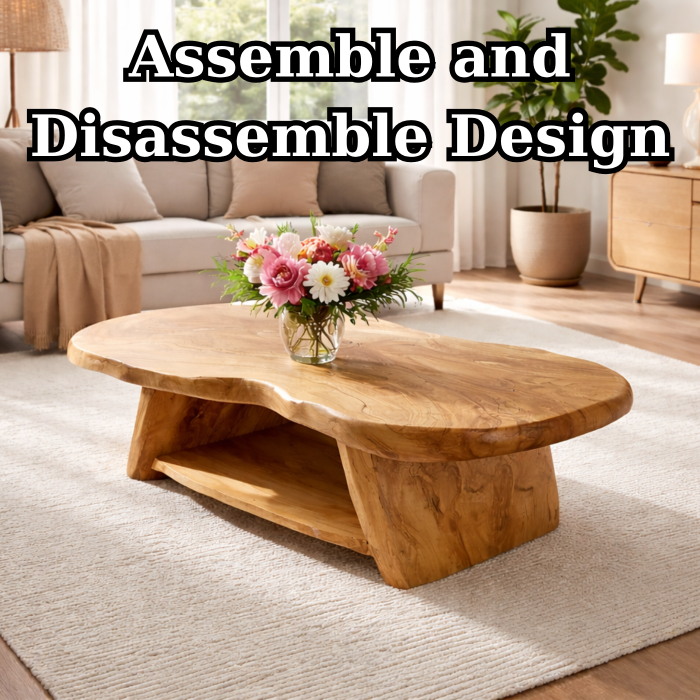 Organic Solid Wood Coffee Table with Sculpted Base in Light Natural Oak