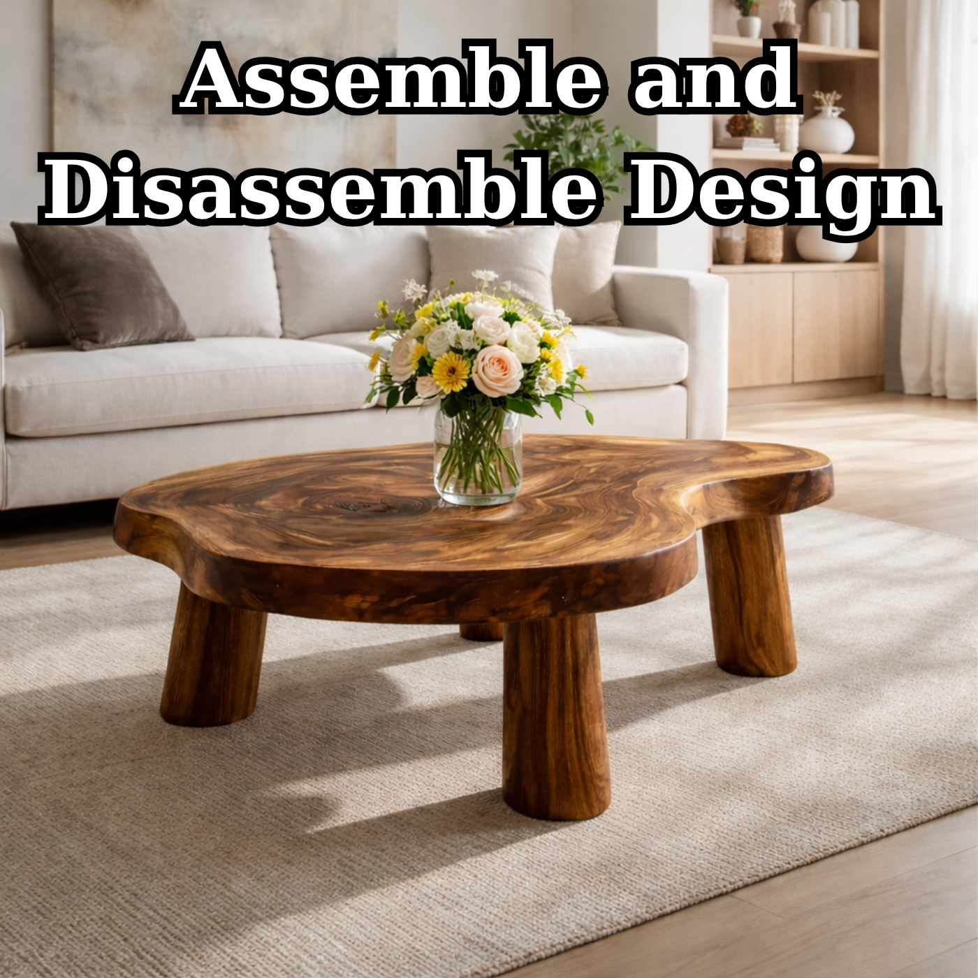 Live Edge Solid Wood Coffee Table with Chunky Legs in Warm Walnut Finish