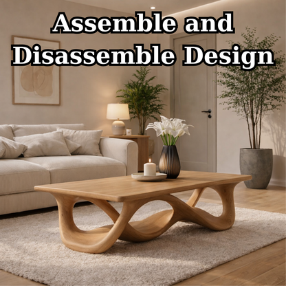 Solid Wood Coffee Table with Sculptural Wave Base in Light Oak Finish