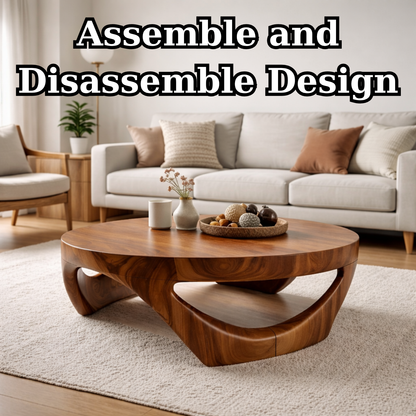 Round Solid Wood Coffee Table with Sculptural Base in Deep Walnut Finish