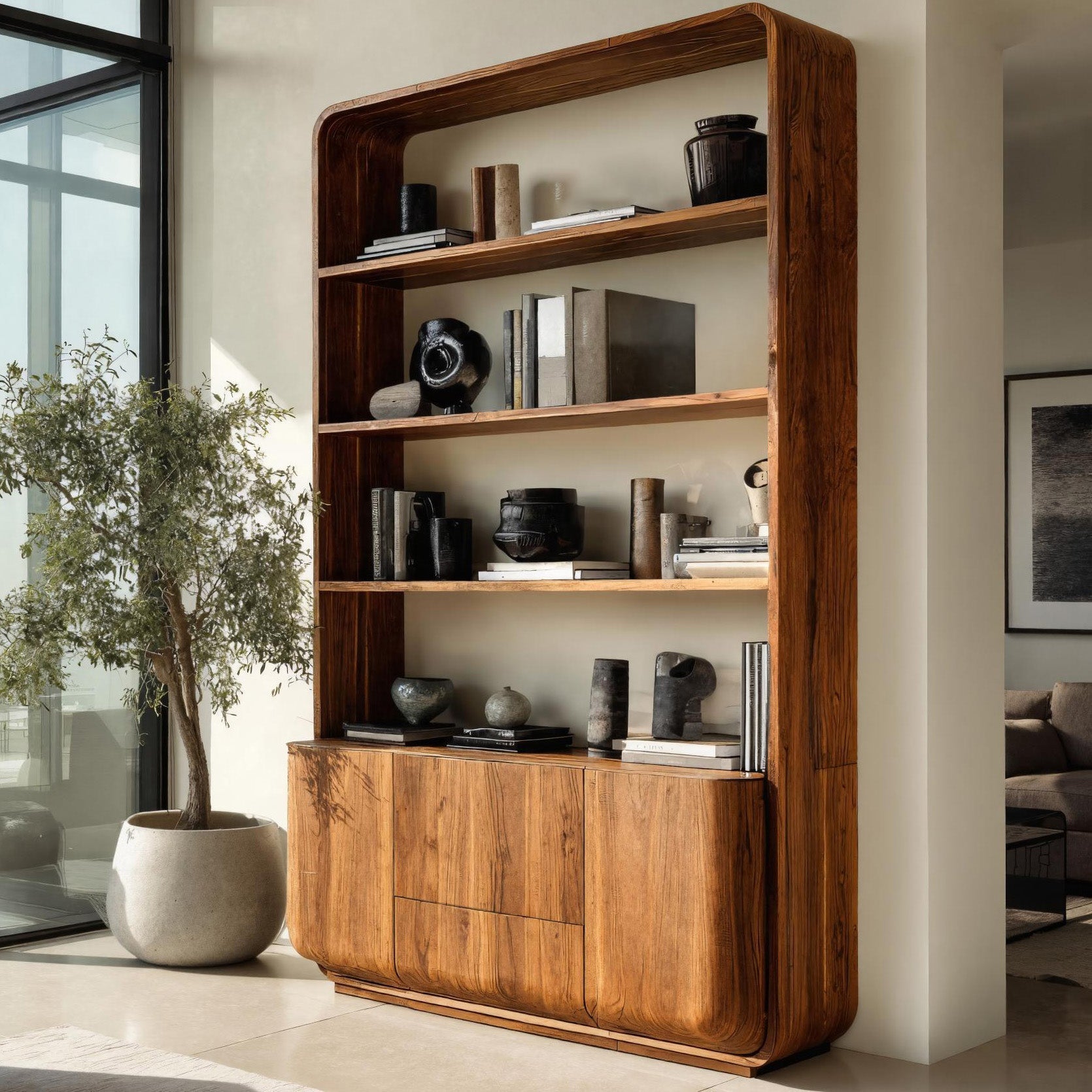Modern Wooden Bookshelf With Round Edges For Living Room Kitchnce