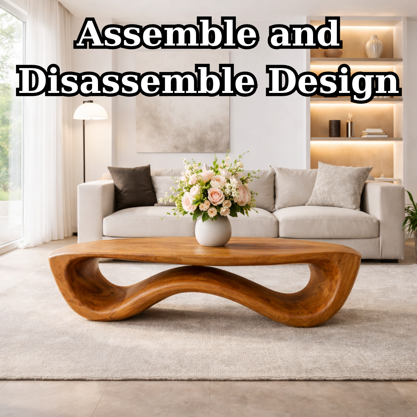 Organic Solid Wood Coffee Table with Sculptural Wave Base and Natural Finish