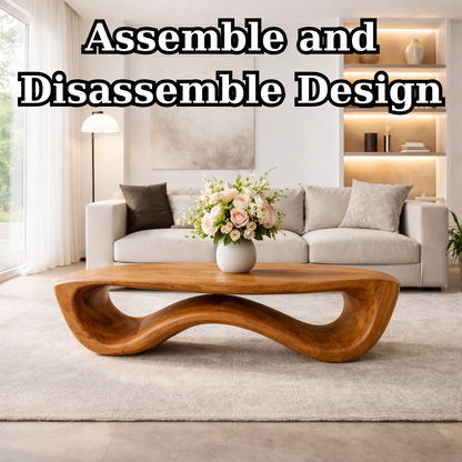 Organic Solid Wood Coffee Table with Sculptural Wave Base and Natural Finish
