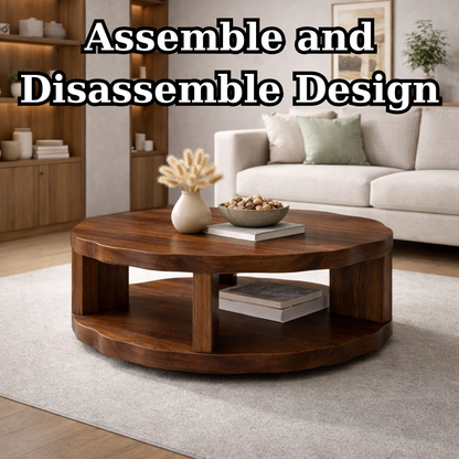 Round Solid Wood Coffee Table with Storage Shelf and Thick Slab Design