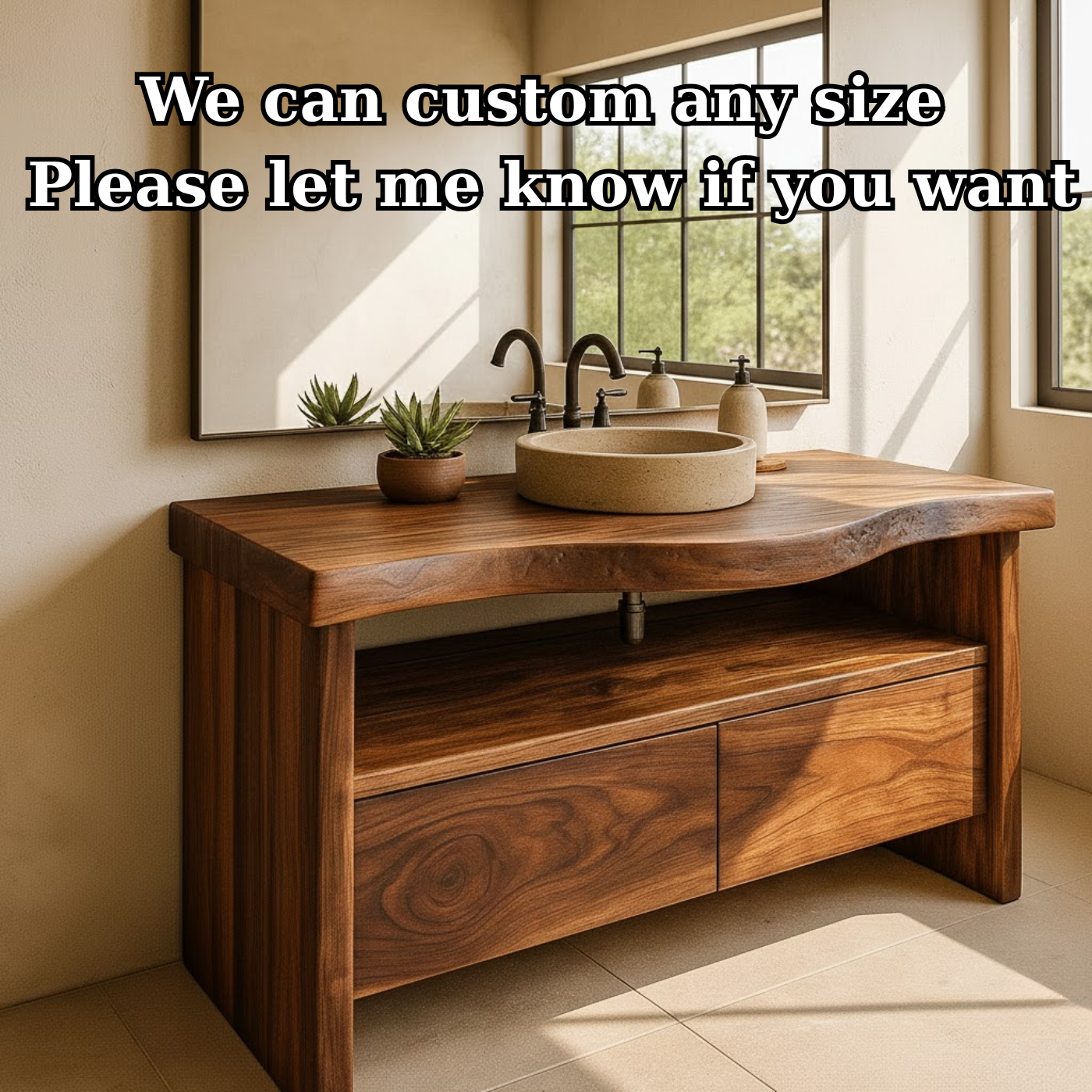Handcrafted Solid Wood Bathroom Vanity with Live-Edge Walnut Top and Modern Storage Drawers Kitchnce