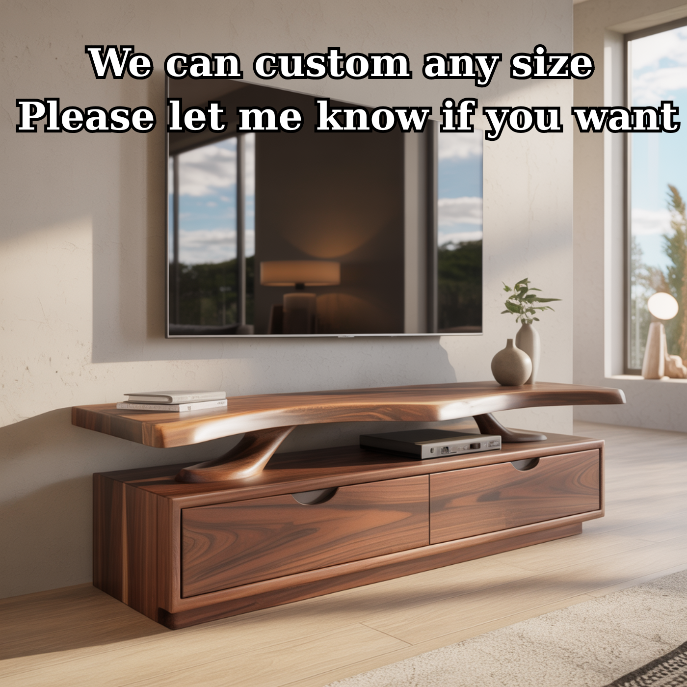 Handcrafted Solid Wood TV Stand with Sculpted Live-Edge Floating Shelf Kitchnce