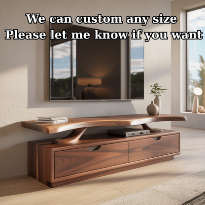 Handcrafted Solid Wood TV Stand with Sculpted Live-Edge Floating Shelf Kitchnce