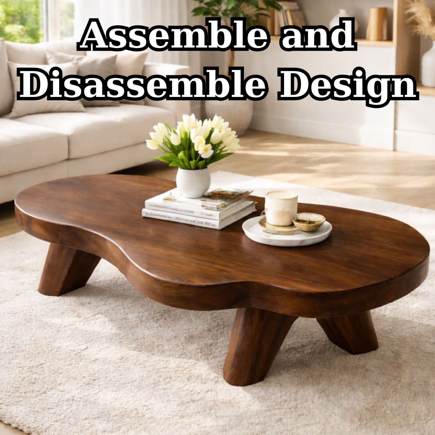 Organic Solid Wood Coffee Table with Sculpted Base and Smooth Curved Top