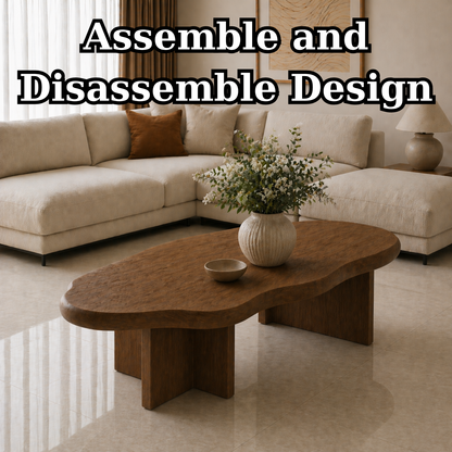 Solid Wood Coffee Table with Organic Shape and Thick Block Base