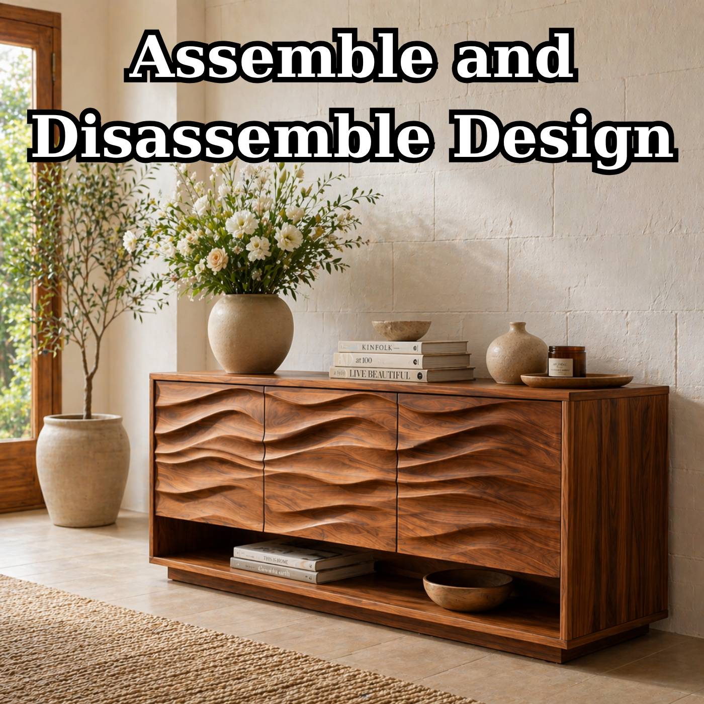 Solid Wood Console Table with Wave Carved Doors and Open Shelf in Walnut Finish