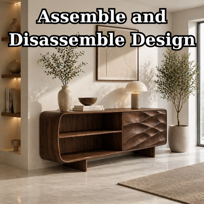 Solid Wood TV Stand with Curved Frame and Wave Carved Door in Walnut Finish