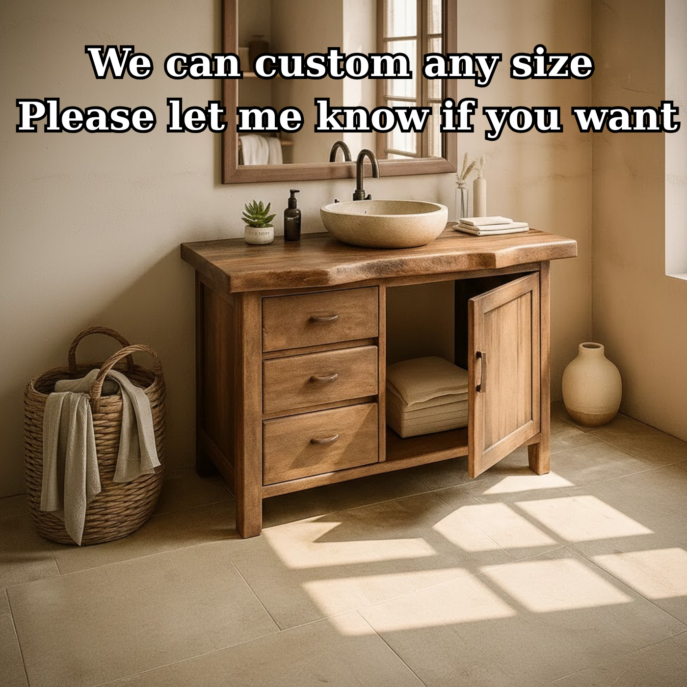 Handcrafted Solid Wood Bathroom Vanity with Live-Edge Top and Storage Drawers Kitchnce