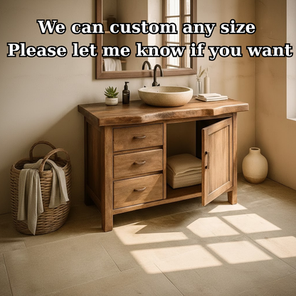 Handcrafted Solid Wood Bathroom Vanity with Live-Edge Top and Storage Drawers Kitchnce