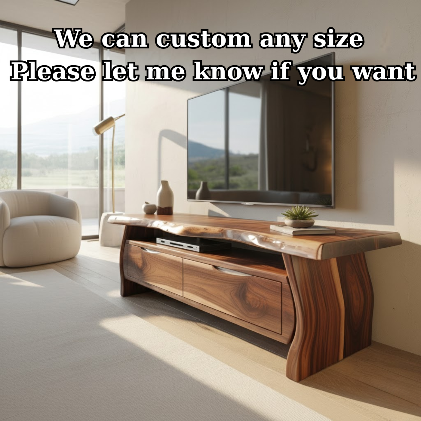 Handcrafted Live-Edge Solid Wood TV Stand with Sculpted Curved Base Kitchnce