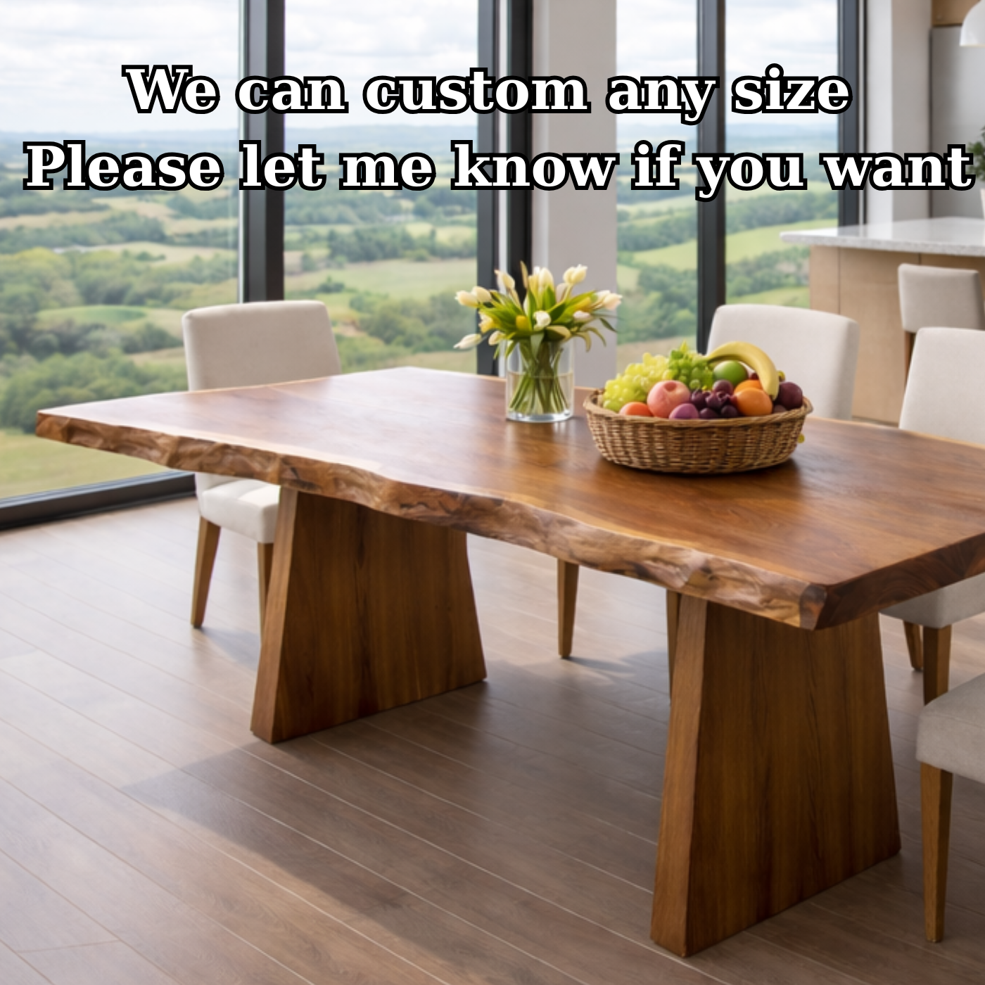 Contemporary Live Edge Solid Wood Dining Table with Architectural Base