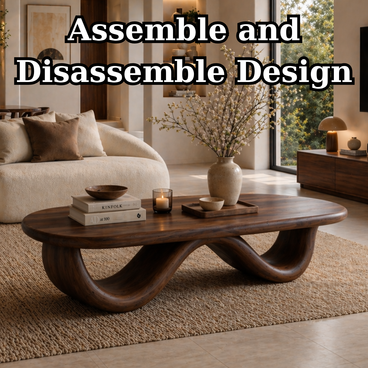 Solid Wood Coffee Table with Curved Sculptural Base and Organic Top